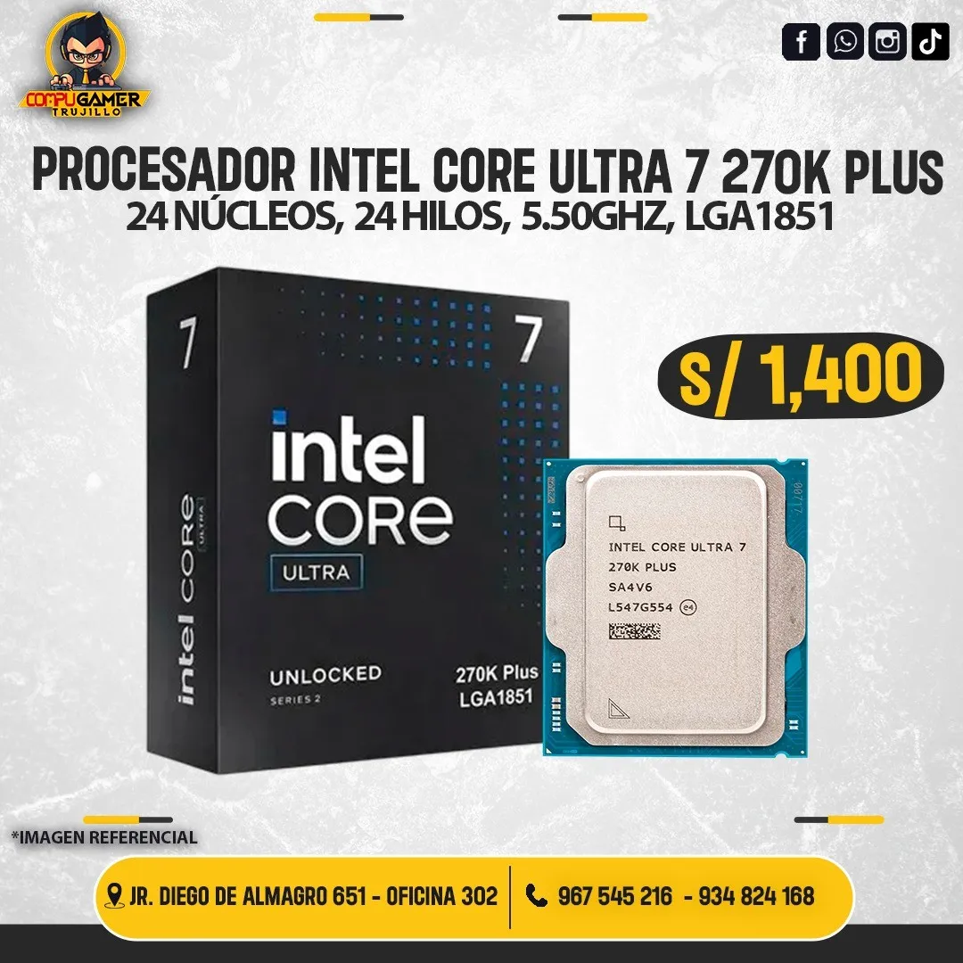 PROCESADOR INTEL CORE ULTRA 7 270K PLUS, 24 NÚCLEOS, 24 HILOS, 5.50GHZ, LGA1851 