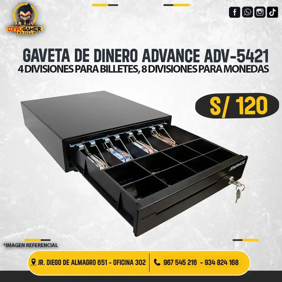 GAVETA DE DINERO ADVANCE ADV-5421, 4 DIVISIONES PARA BILLETES, 8 DIVISIONES PARA MONEDAS 