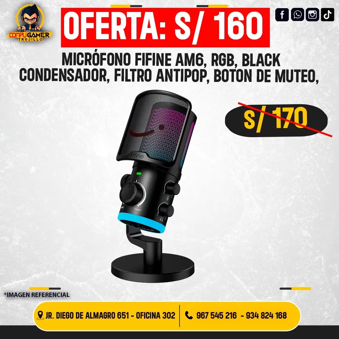 MICROFONO FIFINE AM6, CONDENSADOR, FILTRO ANTIPOP, BOTON DE MUTEO, RGB, BLACK