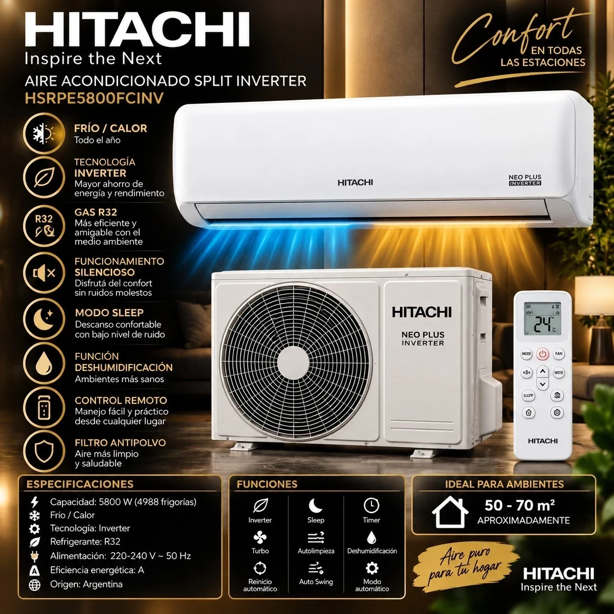 AIRE ACONDICIONADO HITACHI SPLIT INVERTER FRIO/CALOR 5800W *CONSULTA DISPONIBILIDAD CON EL VENDEDOR*