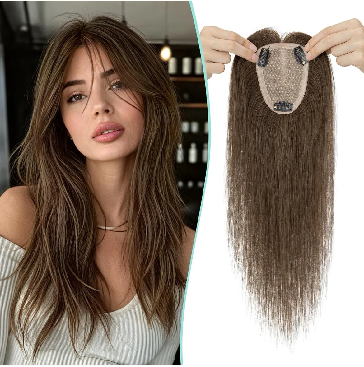 Topper de cabello humano, base de seda de 3.5 x 4.7 in, sin flequillo, densidad del 150%, pieza de cabello 100% Remy para cabello fino, marrón oscuro, 12 pulgadas