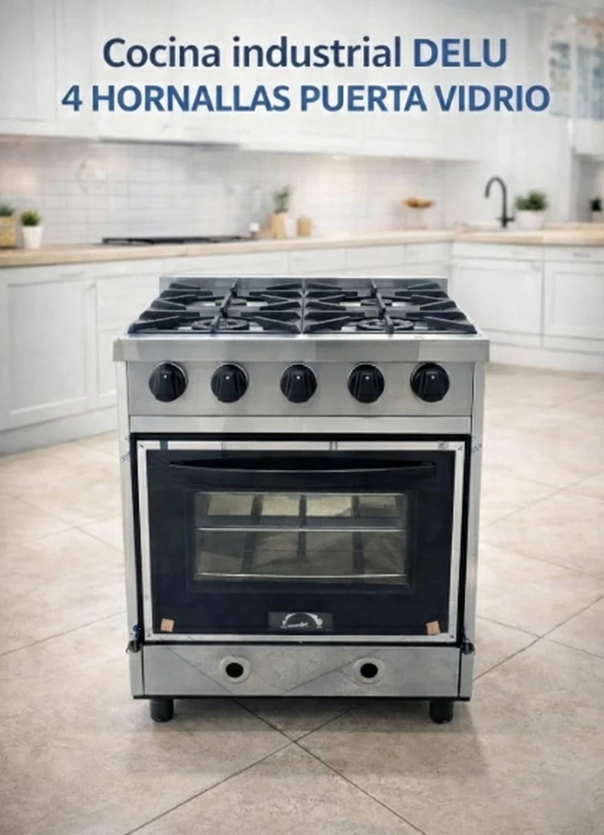 COCINA INDUSTRIAL DELU 4 HORNALLAS TAPA VIDRIO