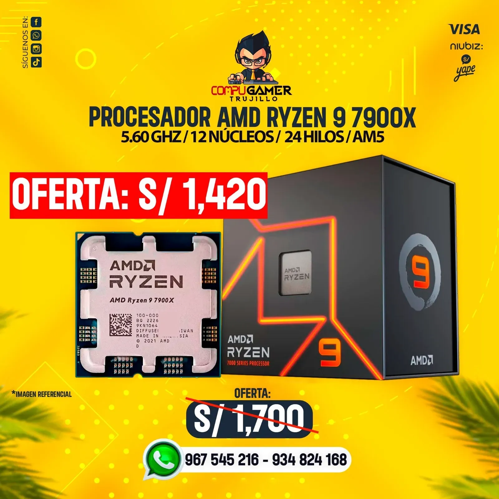 PROCESADOR AMD RYZEN 9 7900X AM5, 5.60GHZ, 12 NÚCLEOS, 24 HILOS