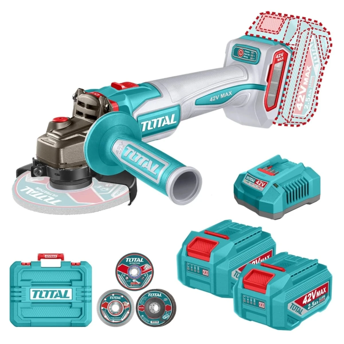 Amolador inalambrica 1280w 4-1/2'' + 2 batería y cargador 42v total SKU: TAGLI4128112