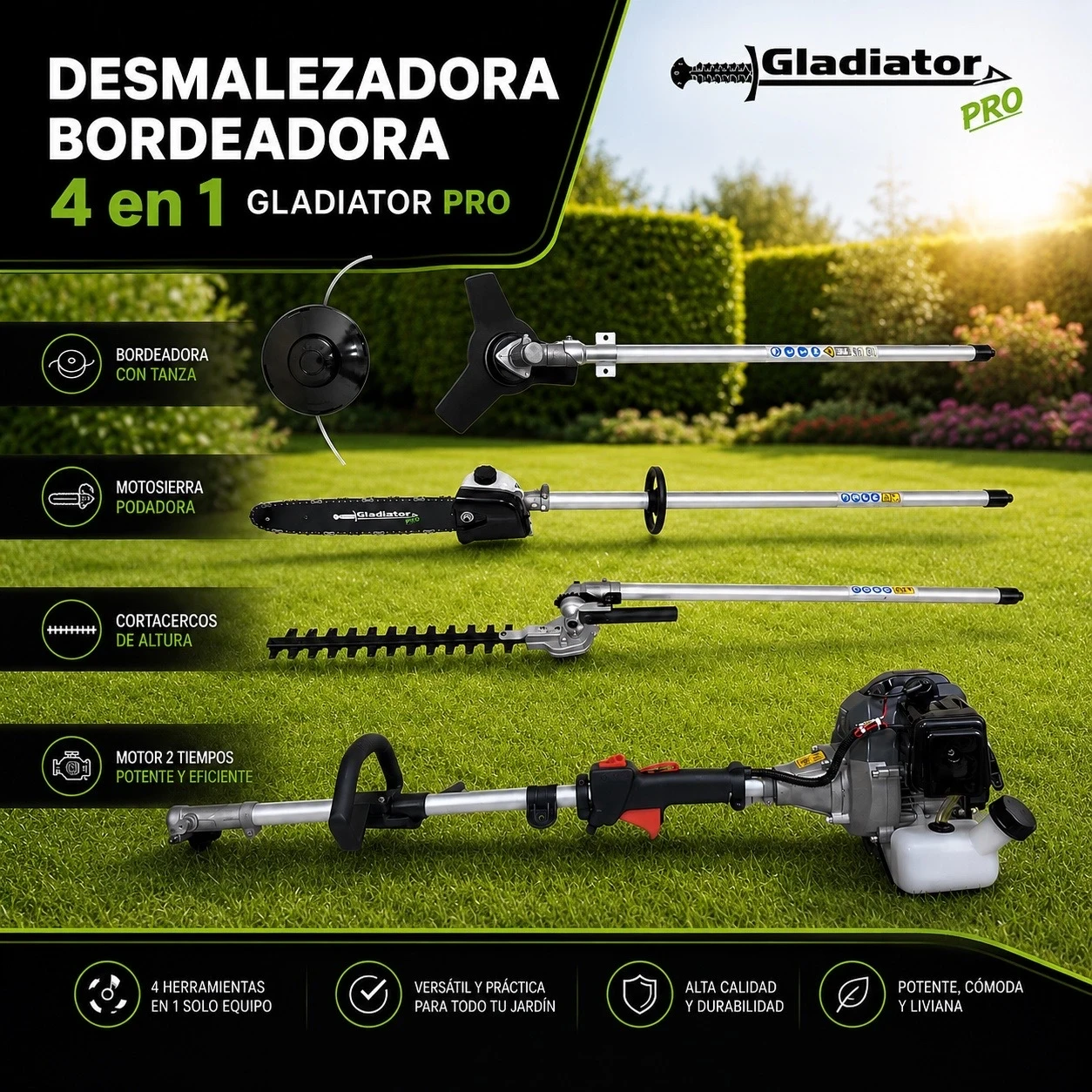 DESMALEZADORA BORDEADORA 4 EN 1 GLADIATOR PRO 52cc MOTOSIERRA