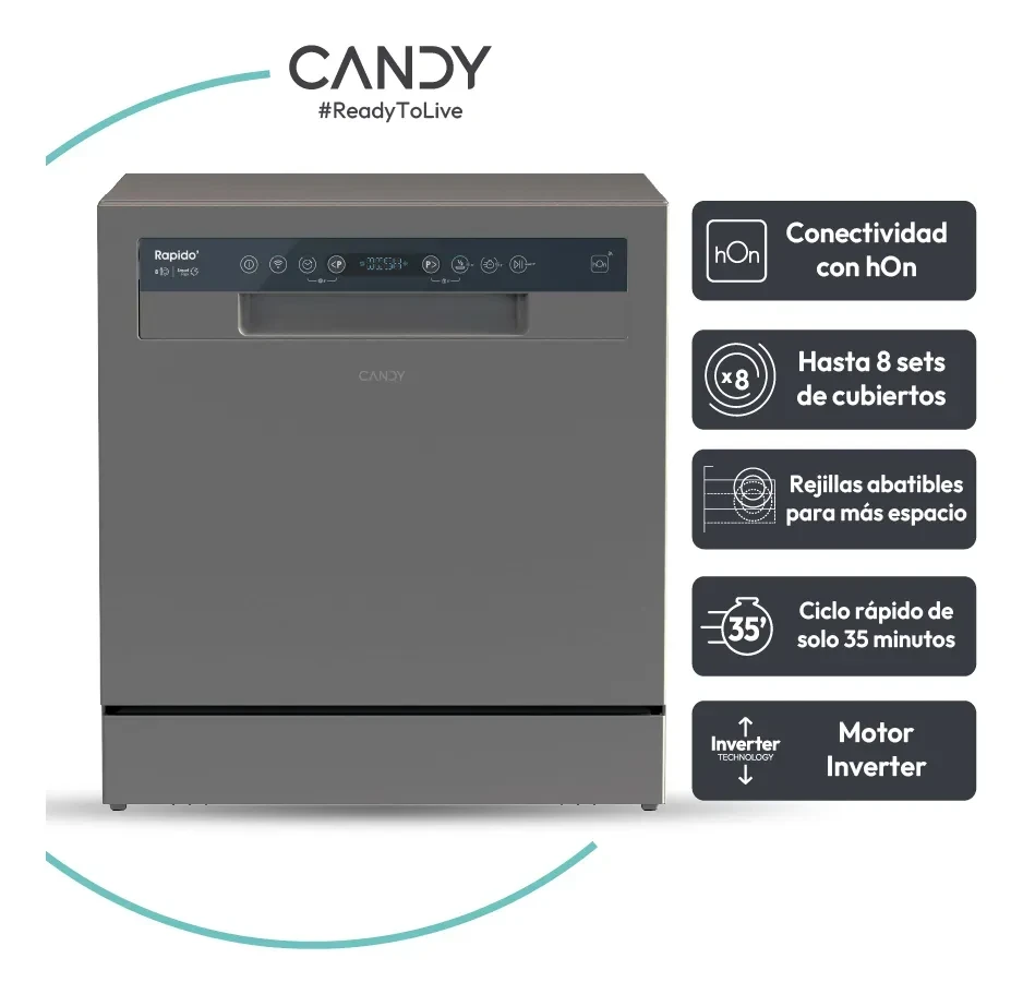 Lavavajillas Candy 8 Cubiertos Sobre Mesada Gris INVERTER