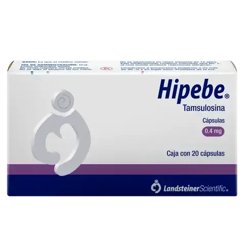 Hipebe Tamsulosina 0.4 mg, caja con 20 cápsulas