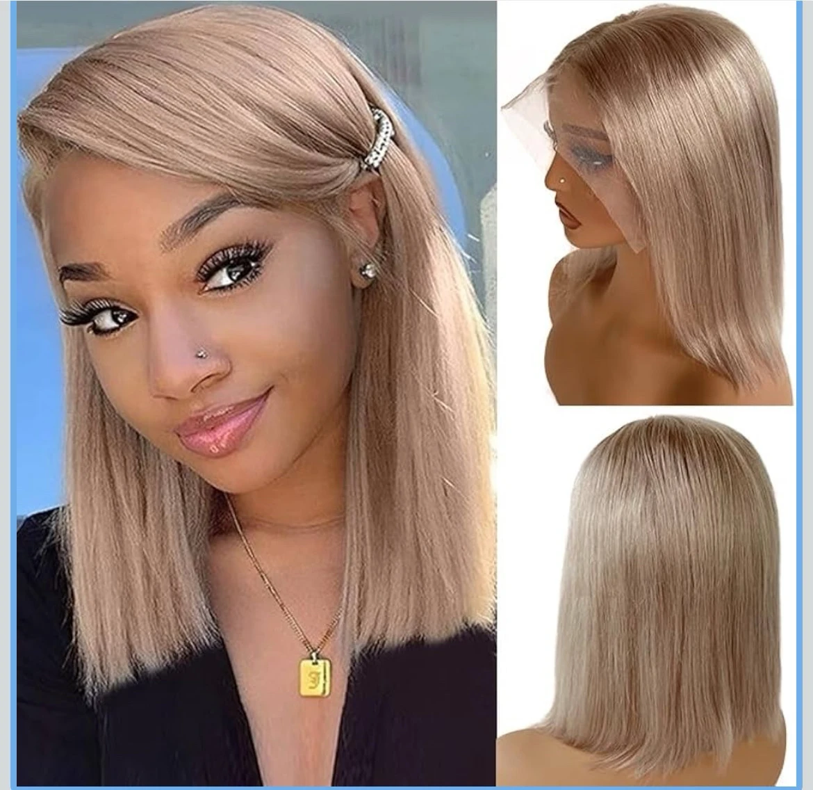 Peluca Bob 12 pulgadas , frontal lace 13x6, color Rubio cenizo, sin pegamento,