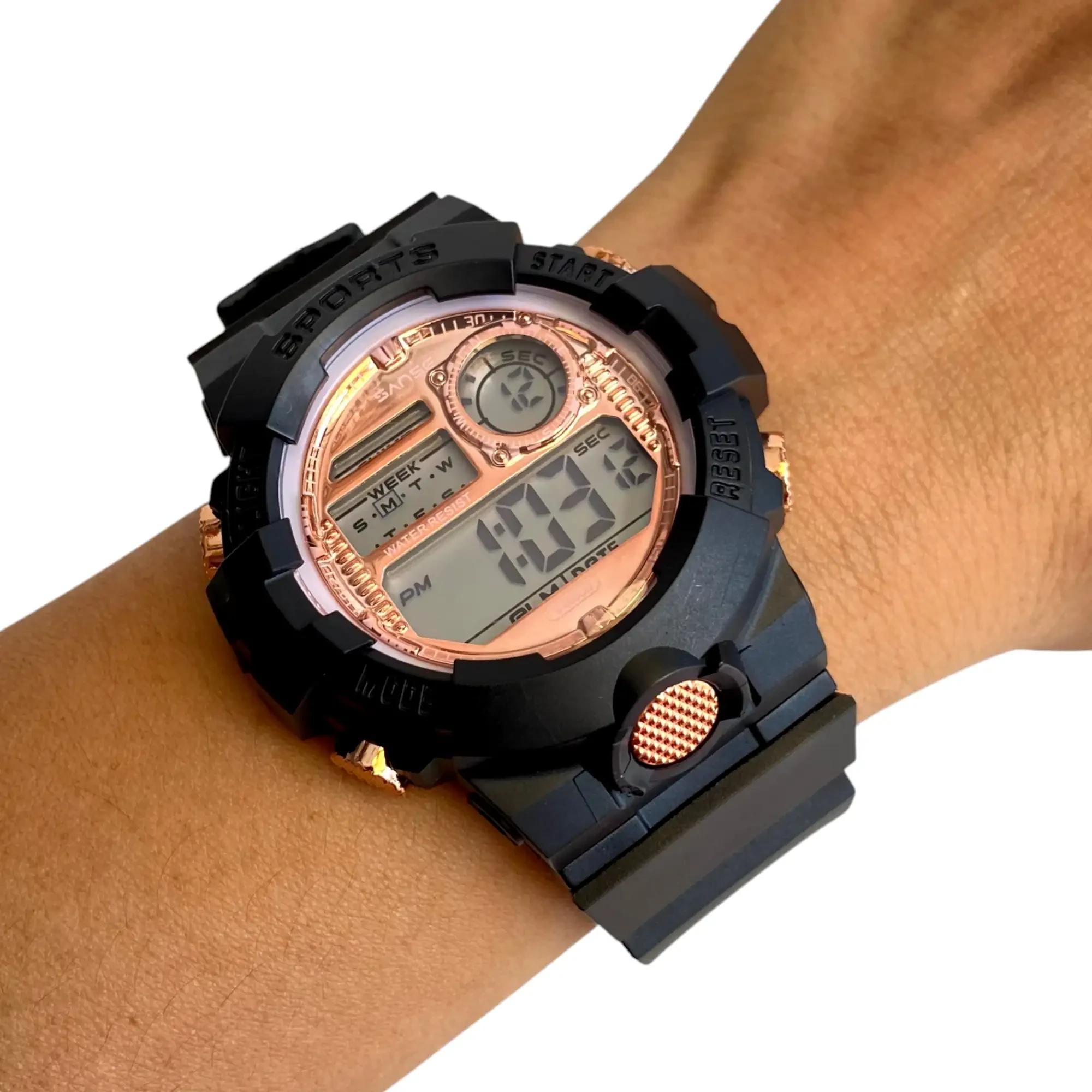Reloj Deportivo Digital Sumergible Negro Oro Rosa