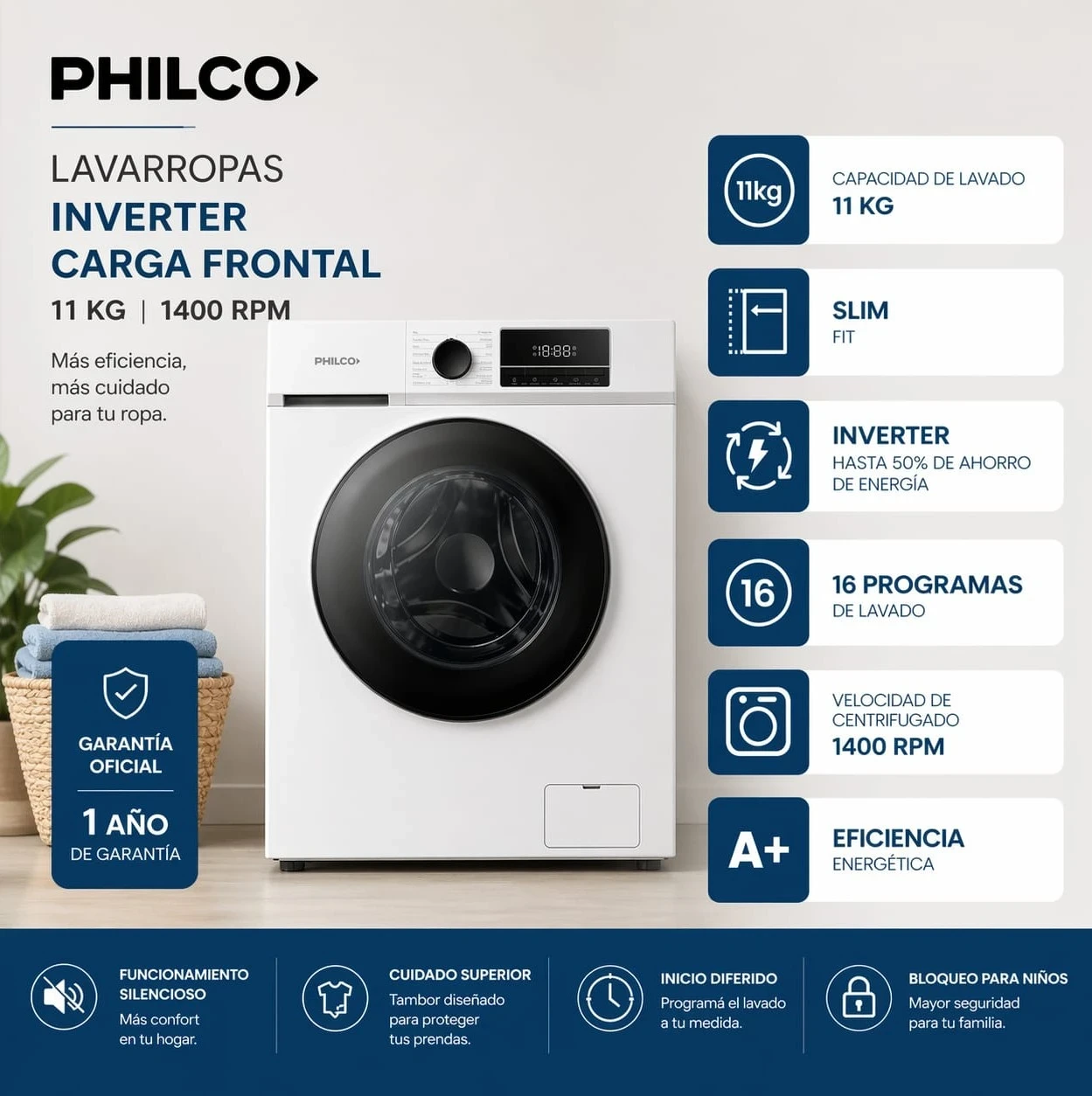 Lavarropas Philco 11kg INVERTER 1400rpm