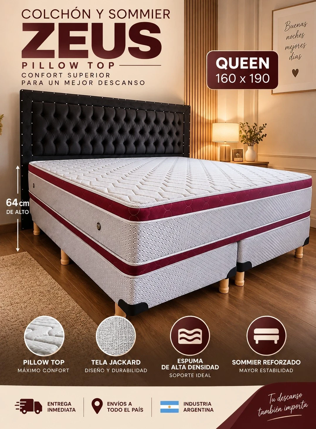  SOMMIER ZEUS QUEEN — DOS PLAZAS 160 × 190 cm | DOBLE PILLOW | REFORZADO | SIN RESPALDO CONSULTAR DISPONIBILIDAD CON EL VENDEDOR