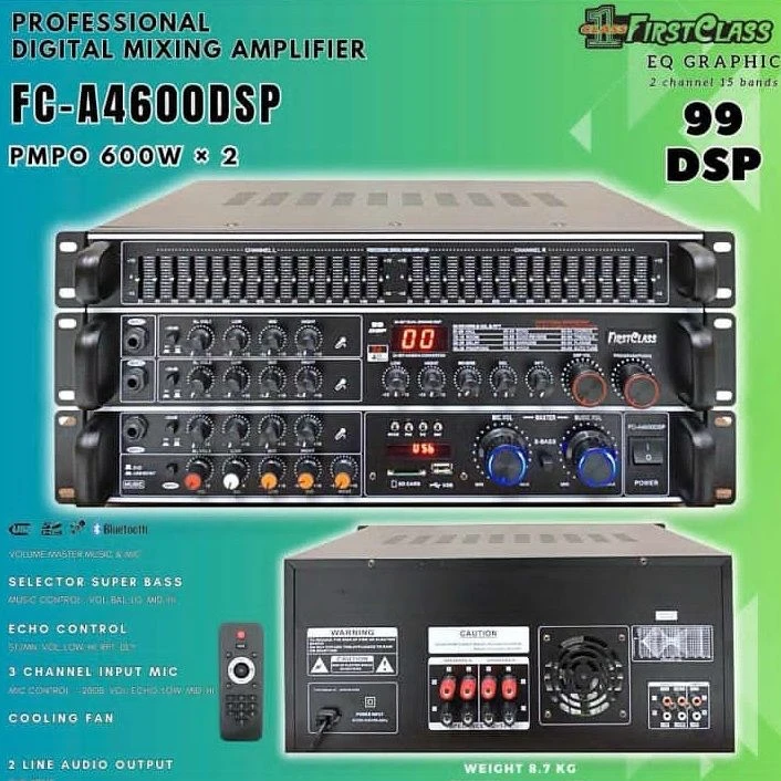 AMP AMERICAN AUDIO PM6000BS PRECIO: 2050BS Amplificador de potencia Bluetooth, USB, tarjeta SD FCA  600 vatios x 2 Ecualizador gráfico de 2 canales y 15 bandas 99 DSP Efectos DSP de doble motor de 24 bits Control de micrófono: -200B, volumen, bajos, bajos, agudos Control de música: volumen, balance, bajos, medios, agudos Control de efectos: bajos, altos, reverberación, del, revertir Volumen y programa DSP Compatible con Bluetooth, USB y tarjeta SD Volumen principal, música y micrófono Selector de graves Ventilador Salidas de altavoz: 4 (4 ohmios - 16 ohmios) Salidas de audio de línea: 2 y entrada de DVD