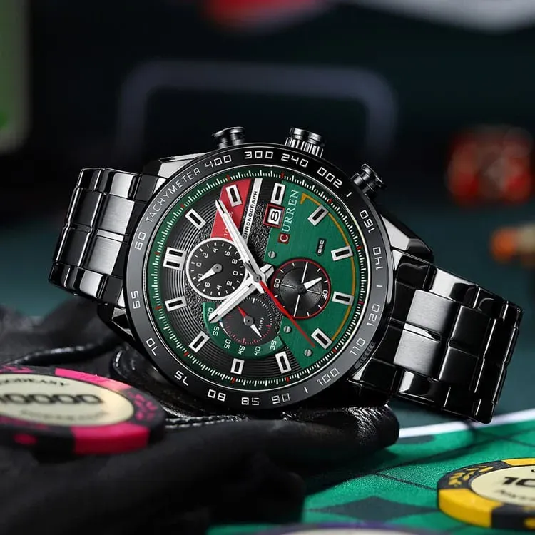 Reloj Curren Original Acero Cronografo 8410 Negro Fondo Negro Verde 4