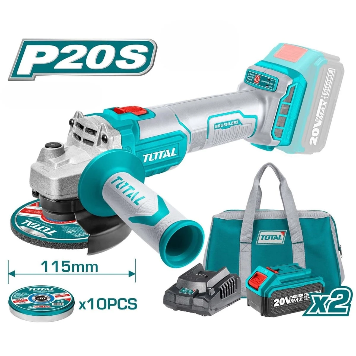 TAGLI2011582 Amoladora angular 20v brushless 4 1/2" incluye 2 baterias 4ah y cargador total 