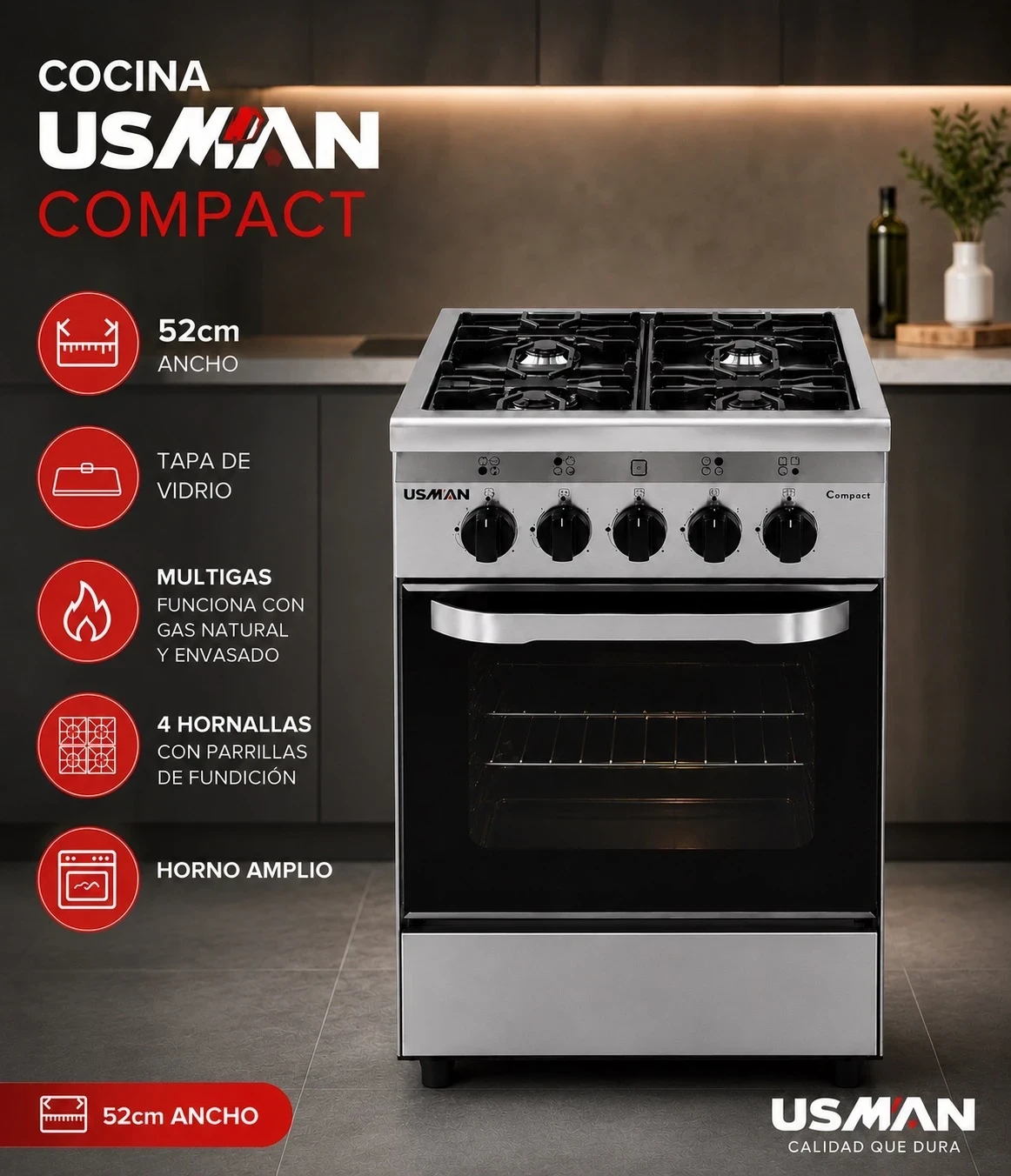 COCINA USMAN 4 HORNALLAS MULTIGAS 52CM T/VIDRIO 