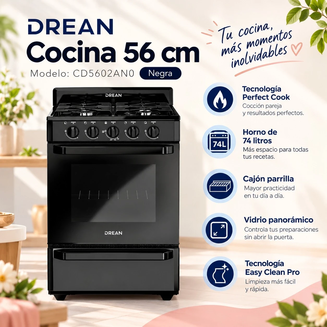 COCINA DREAN MULTIGAS 56 cm – CD5602AN0 Negra