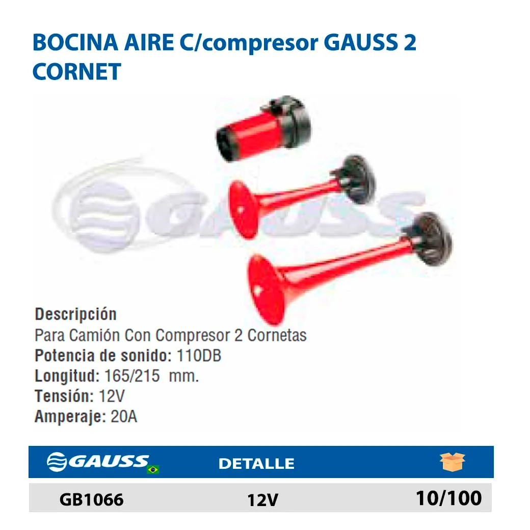 BOCINA AIRE C/compresor GAUSS 2 CORNET 12V