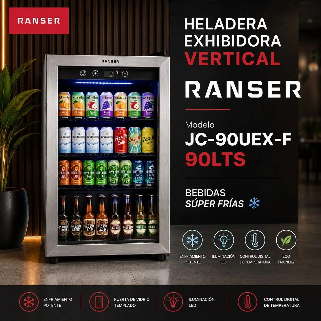 HELADERA EXHIBIDORA VERTICAL RANSER JC-90UEX-F 90LTS 