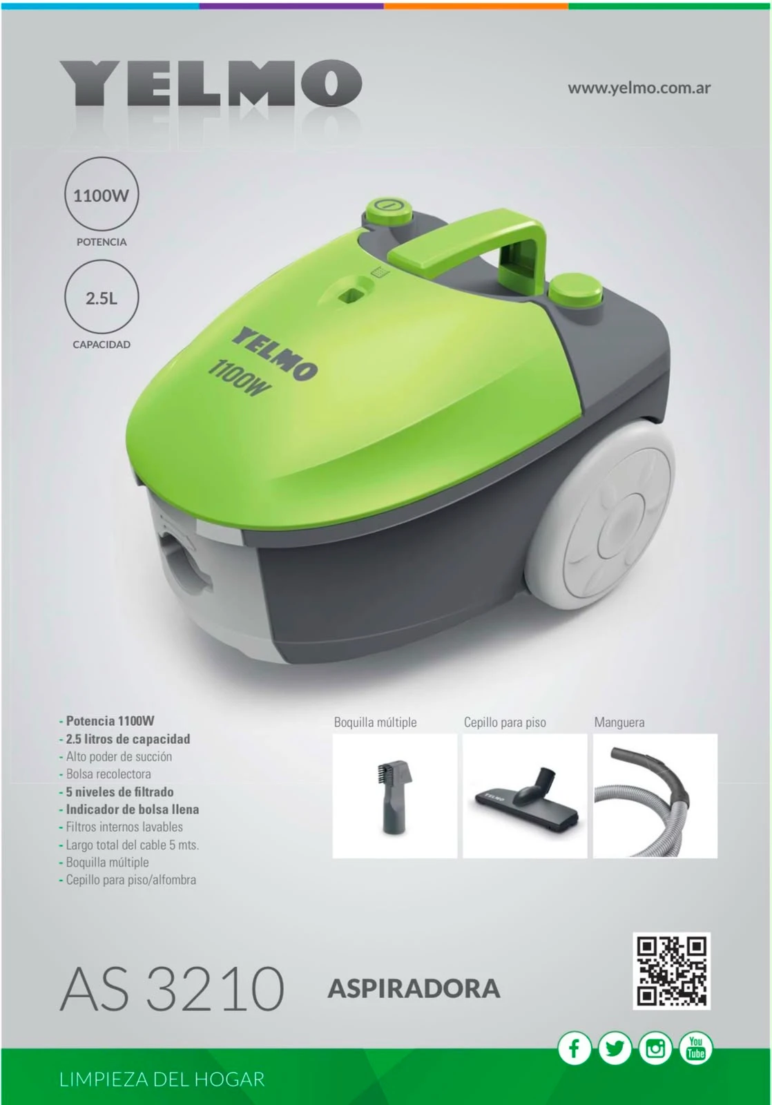 ASPIRADORA YELMO 1100Watts 2,5 LTS