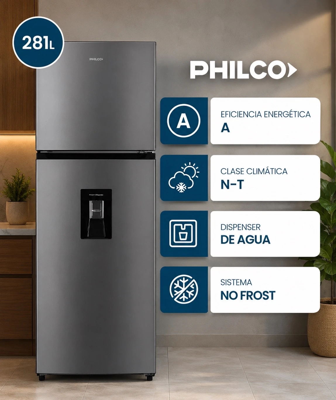 HELADERA PHILCO 281LTS NO FROST SILVER C/DISPENSER