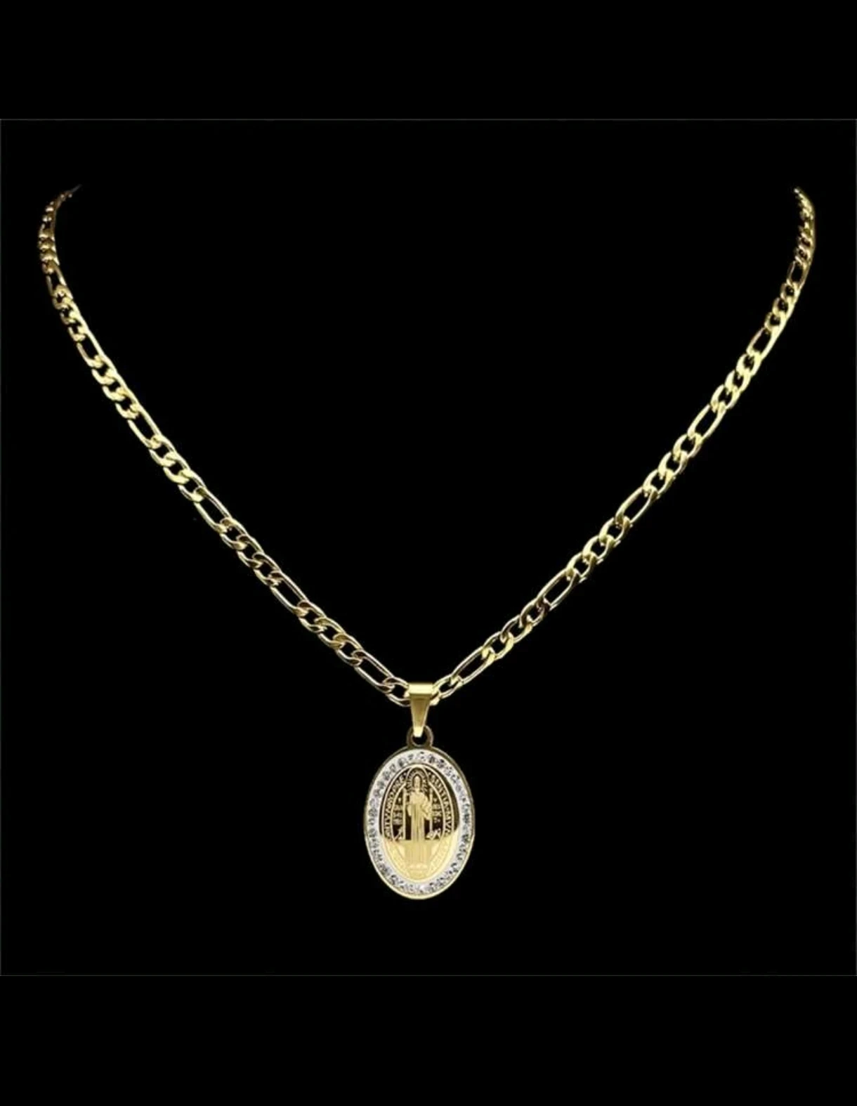Cadena Figaro con Medalla de San Benito con Cristales - Acero Inoxidable 5