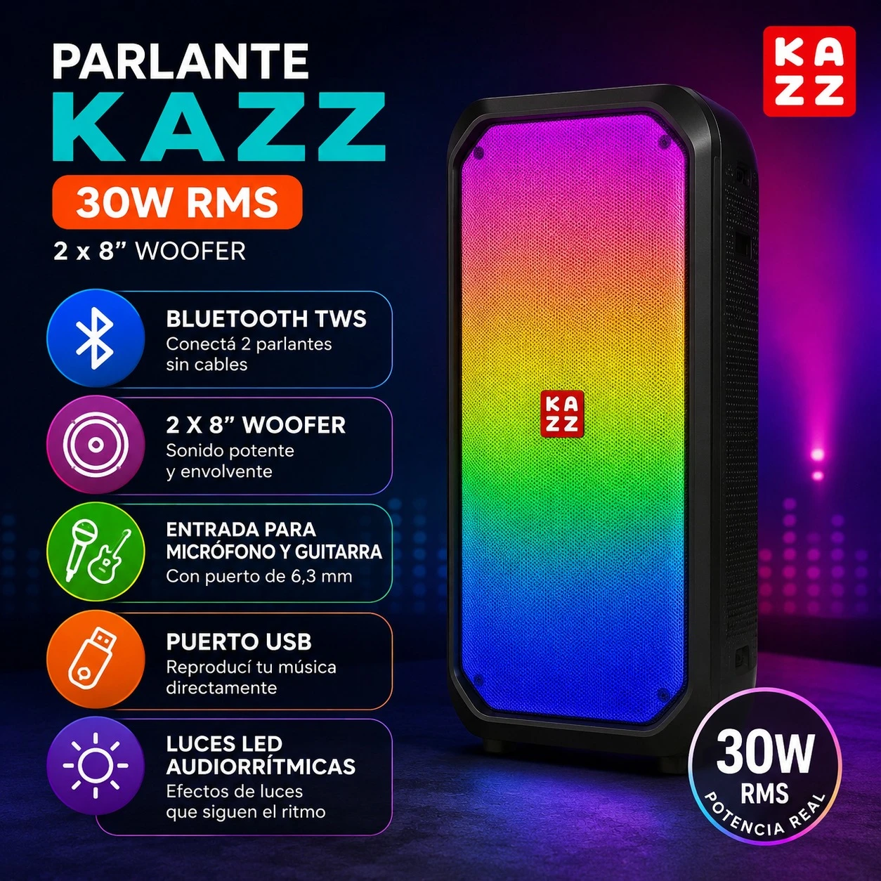 PARLANTE KAZZ 30W RMS 2 X 8" WOOFER