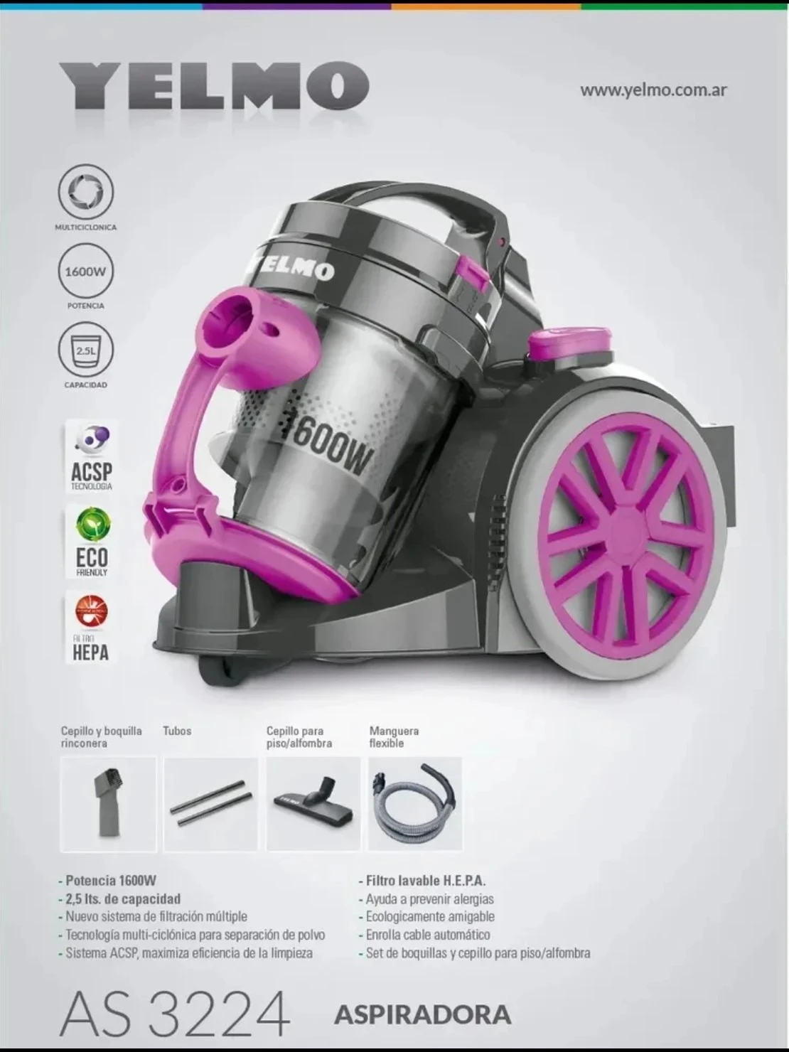 ASPIRADORA YELMO 2 LITROS FILTRO HEPA PCE As-3224