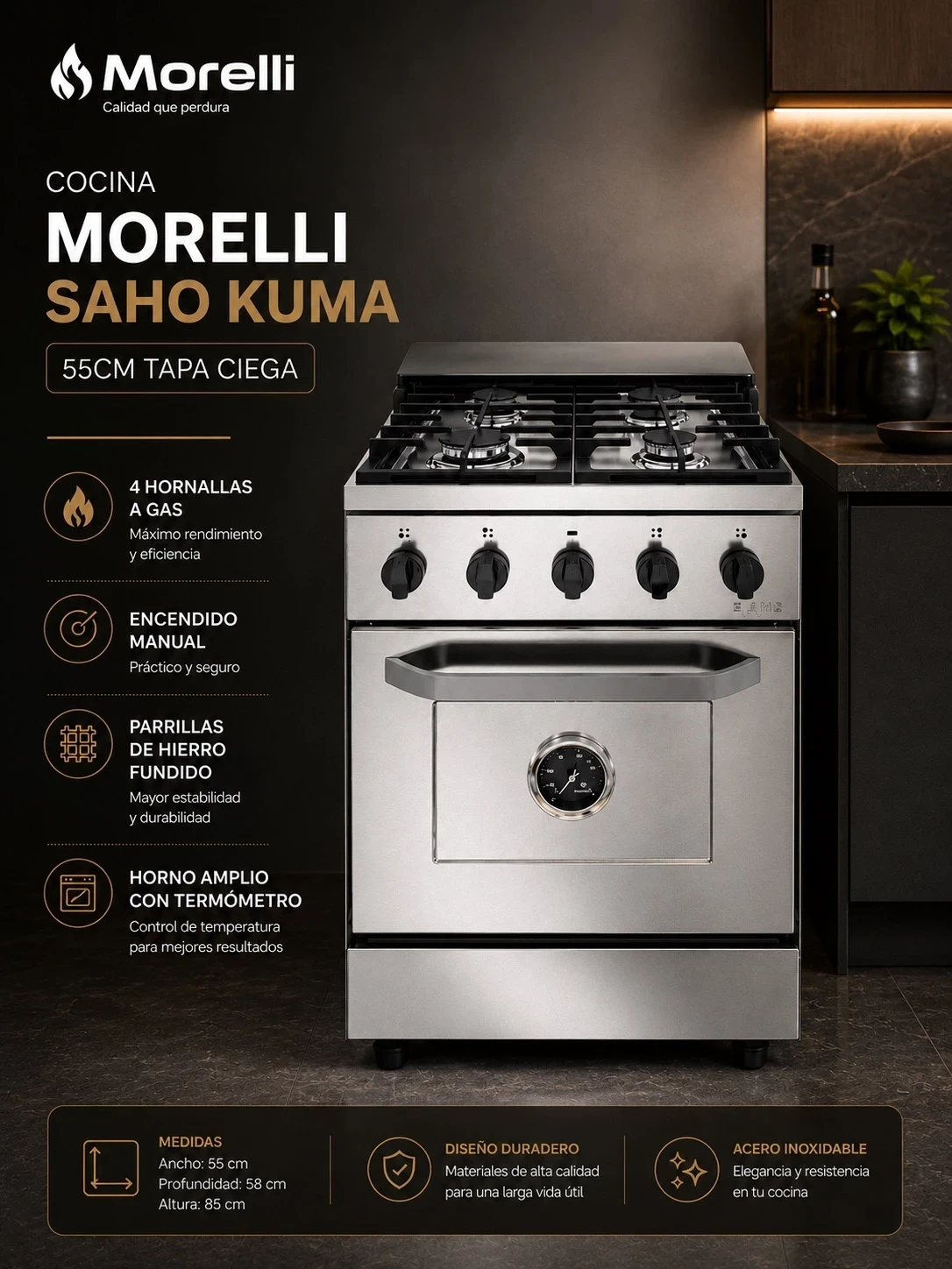 Cocina Morelli Saho Kuma 55Cm 4 Hornallas T/Ciega‼️SOLO POR PEDIDOS ‼️