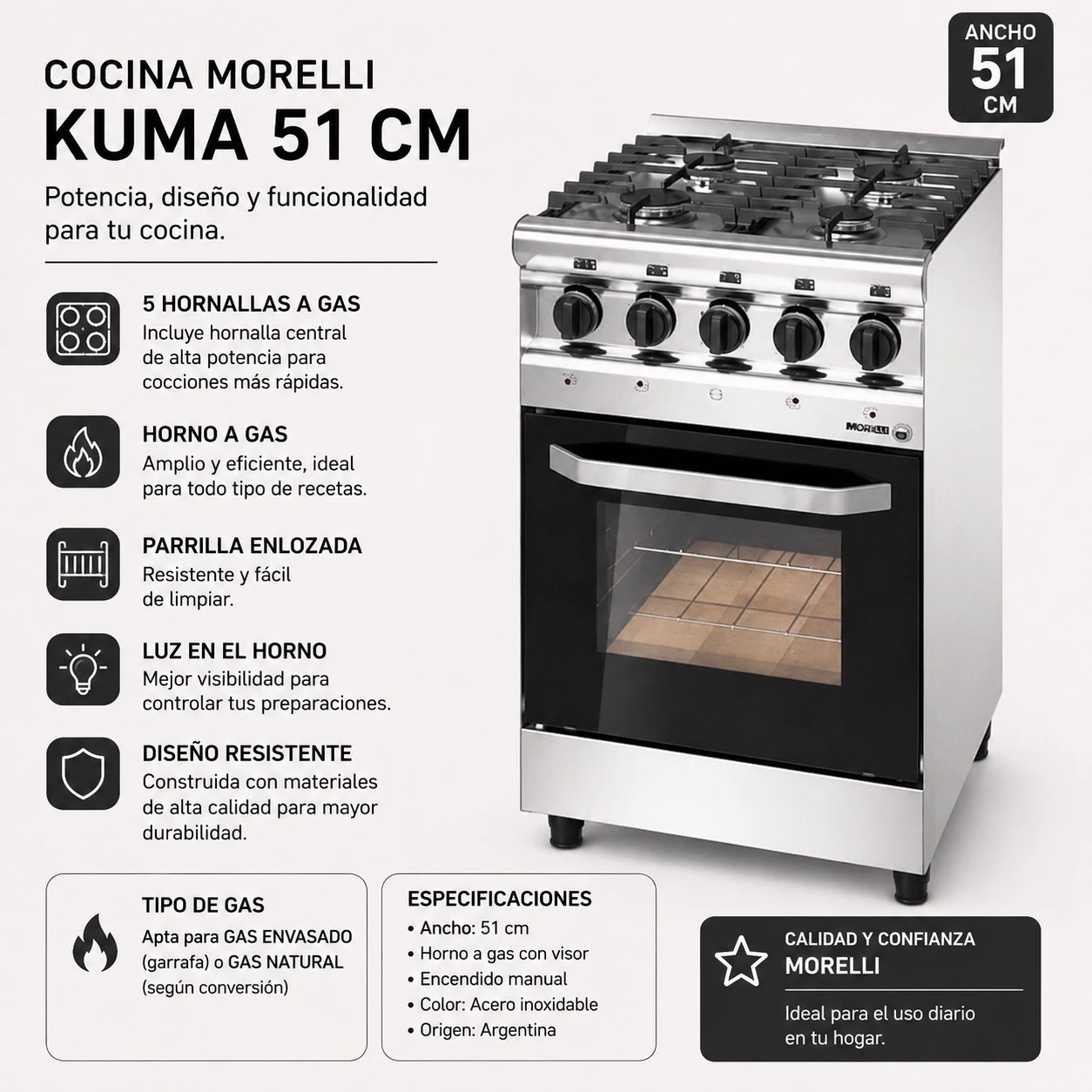 COCINA MORELLI SAHO KUMA 55CM PUERTA DE VIDRIO 