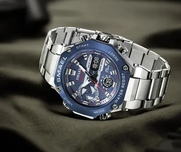 Reloj Smael Original Acero Doble Hora 8097 Sumergible Plateado Fondo Azul 3