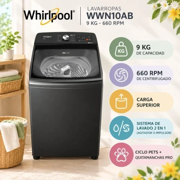 LAVARROPAS WHIRLPOOL WWN10AB 9KG - 660 RPM SILVER CARGA SUPERIOR