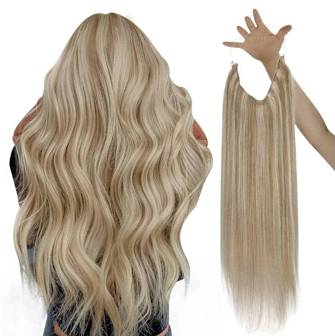 Extensiones de cabello rubio real, cabello con alambre humano real, extensiones de cabello secreto rubio, extensiones de cabello humano, línea de pez, con reflejos de rubio ceniza oscuro, rubio dorado, un peluquín de 22”  y 80 g