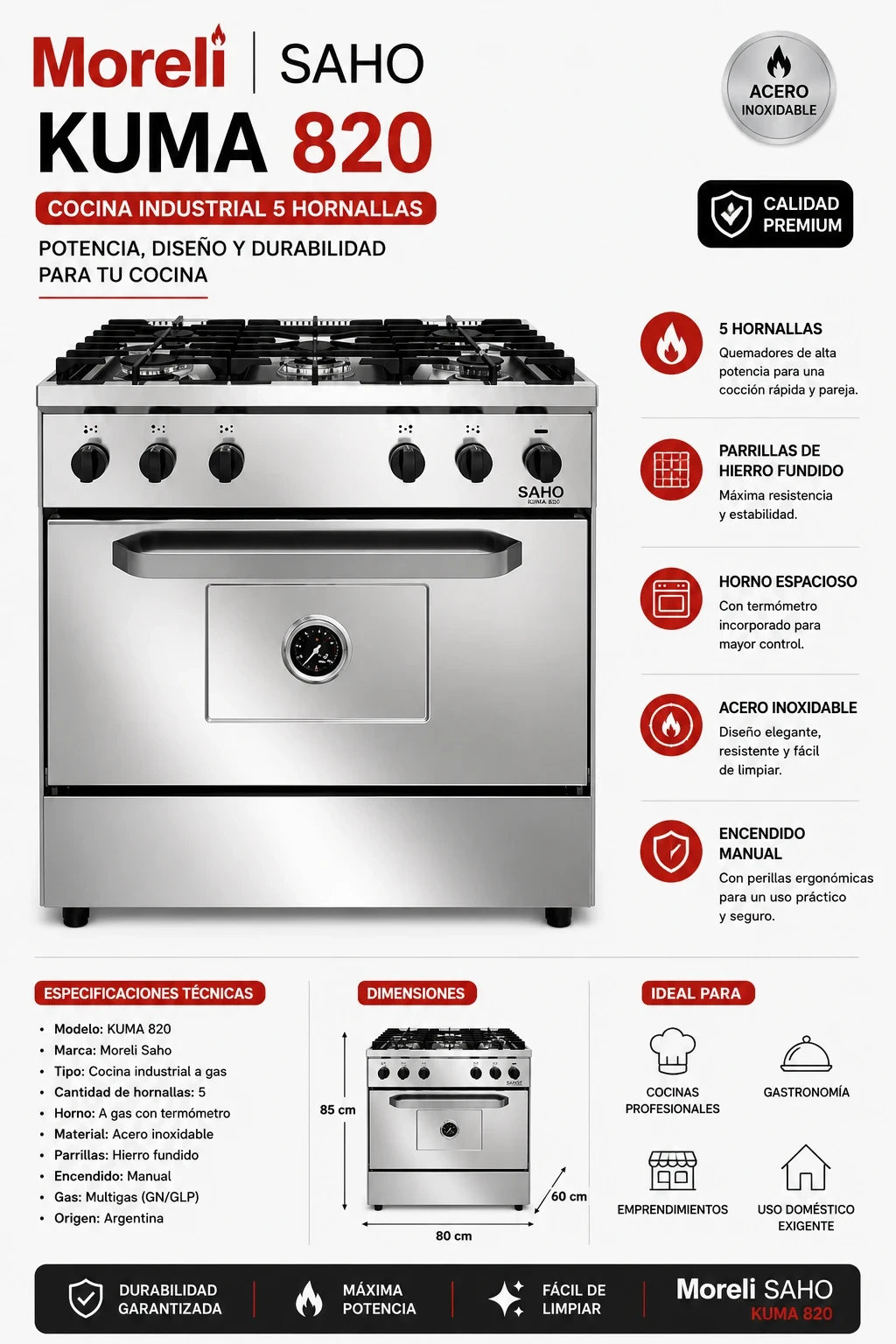 COCINA MORELLI SAHO KUMA TAPA CIEGA 820/5 HORNALAS 