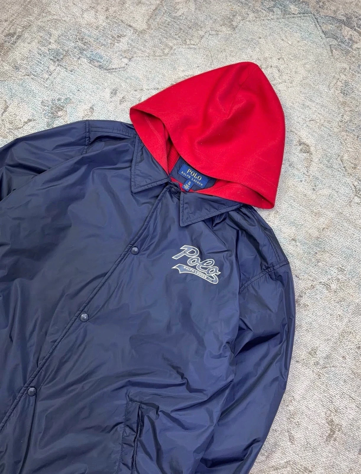 P R L.  Coach Jacket Rompevientos Azul Capucha Roja  2