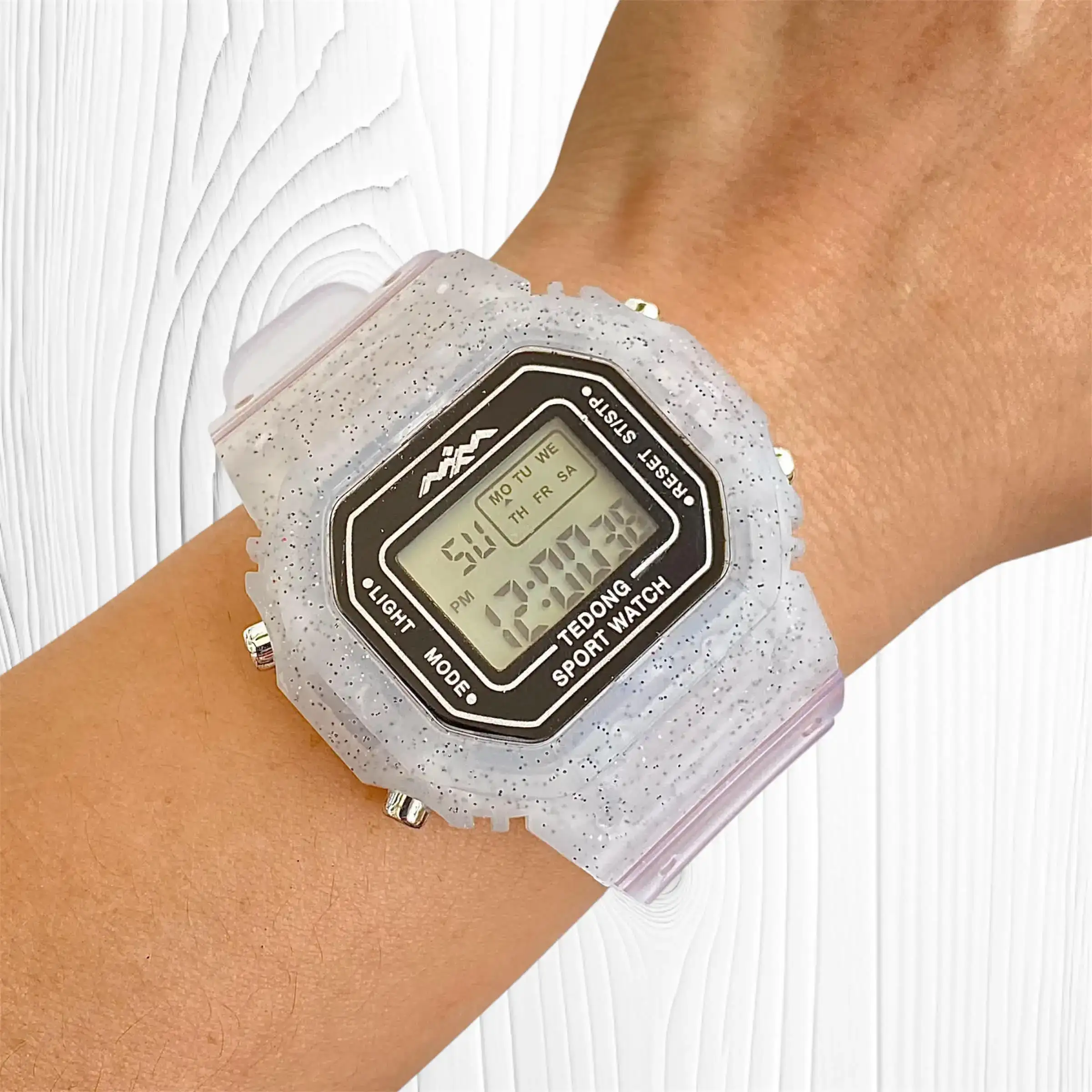 Reloj Deportivo Digital Cuadrado Escarcha Transparente Negro