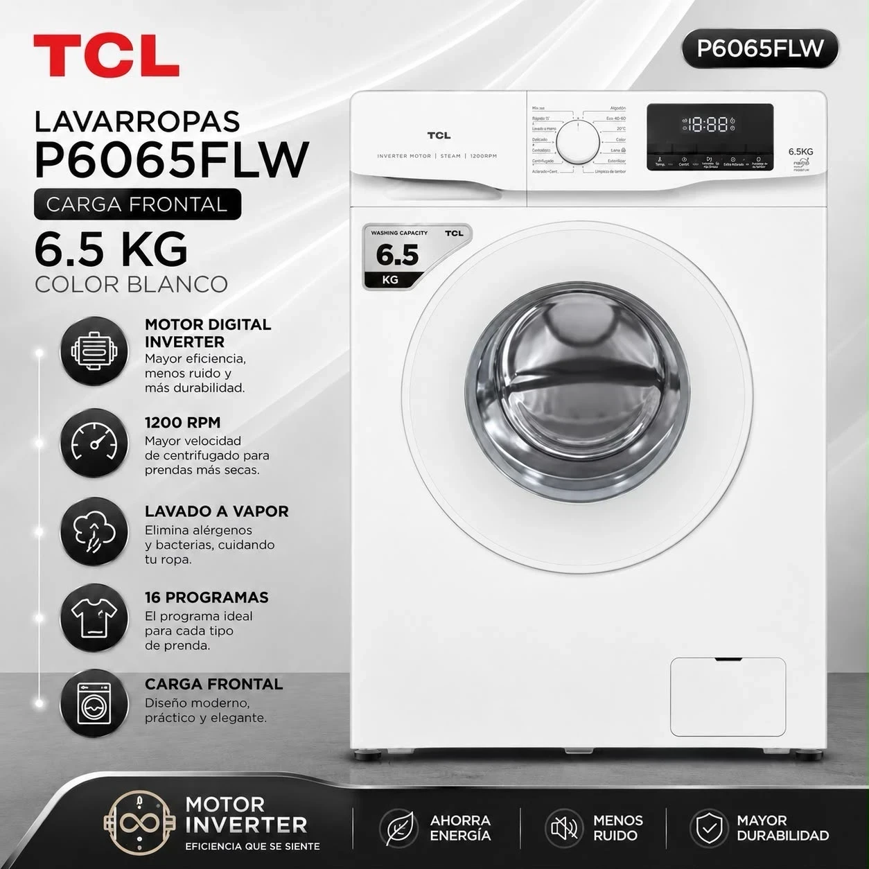Lavarropas Tcl P6065FLW Carga Frontal 6.5Kg Inverter BLANCO