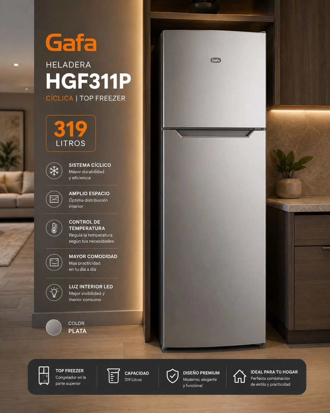 HELADERA GAFA HGF311P CÍCLICA TOP FREEZER 319L SILVER ‼️SOLO POR PEDIDOS ‼️ 