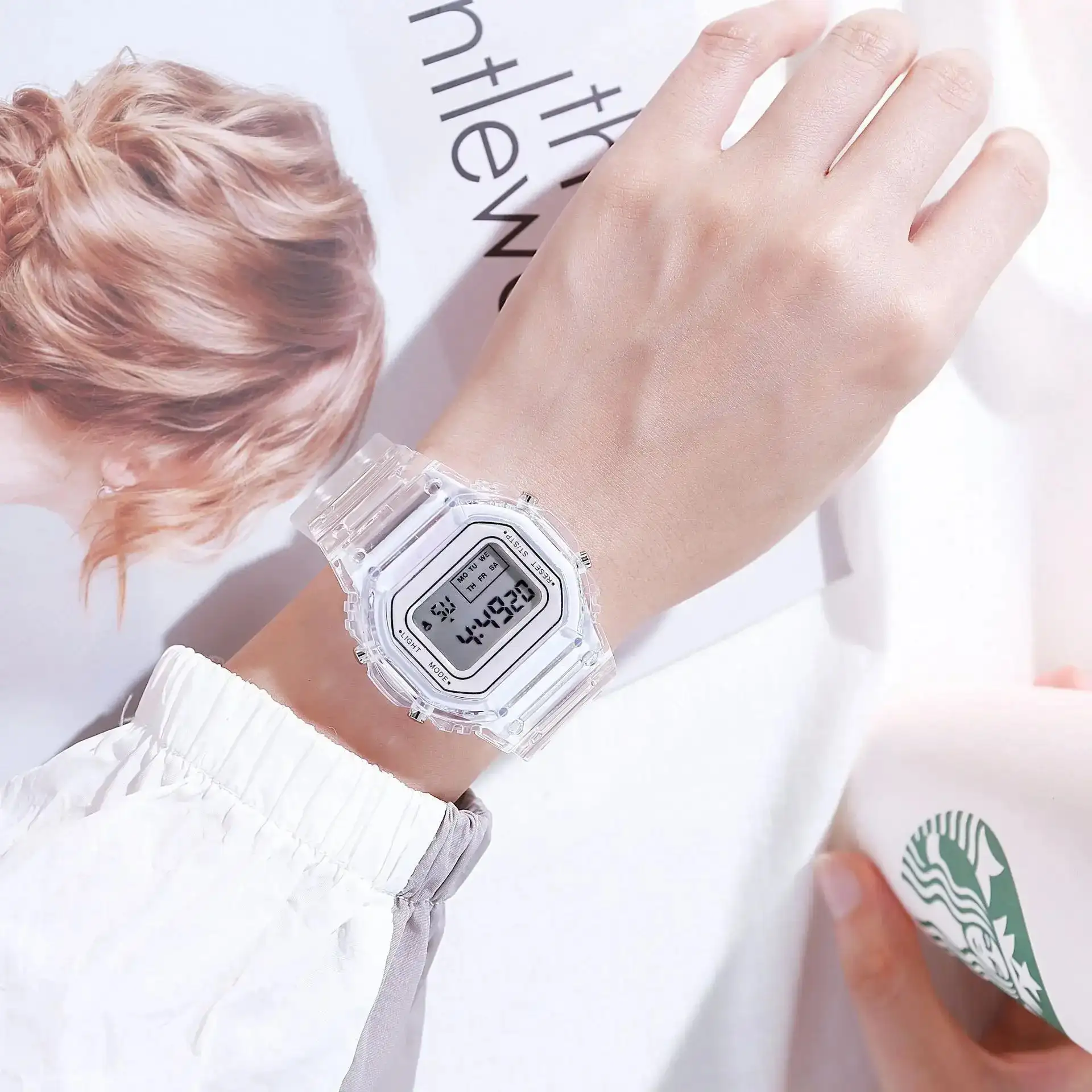 Reloj Deportivo Digital Cuadrado Transparente Blanco
