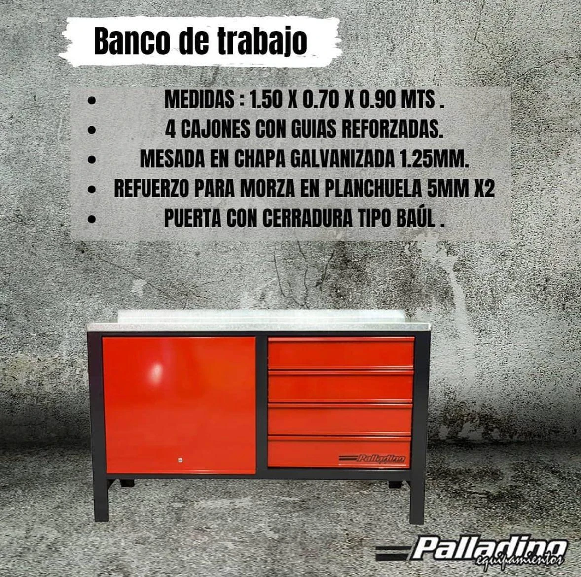 Banco de trabajo 150x70cm 4 cajones full palladino