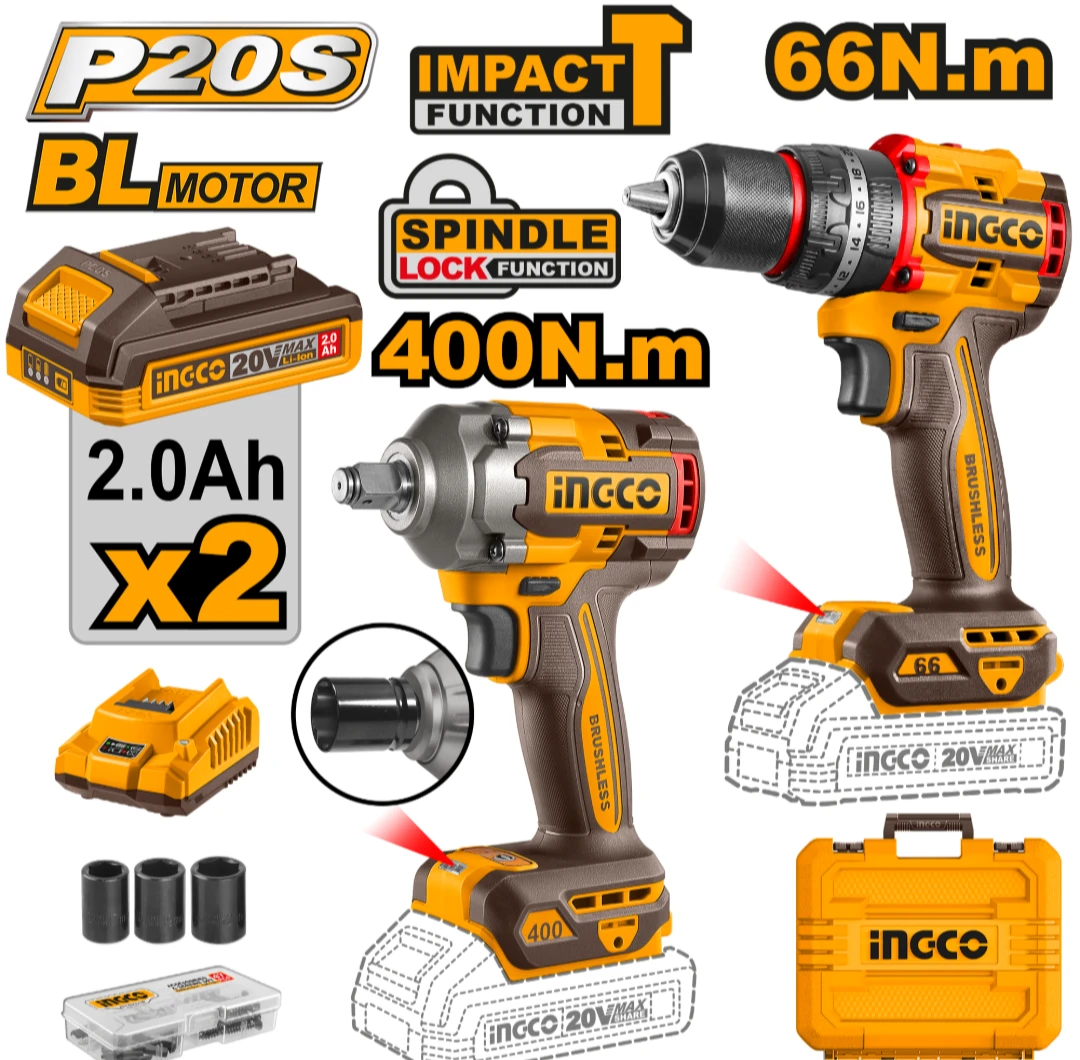 SET ATORNILLADOR PERCUTOR 20V BATERIA P20S + LLAVE DE IMPACTO 400NM 20V P20S C VALIJA Y BAT INGCO CKLI20275