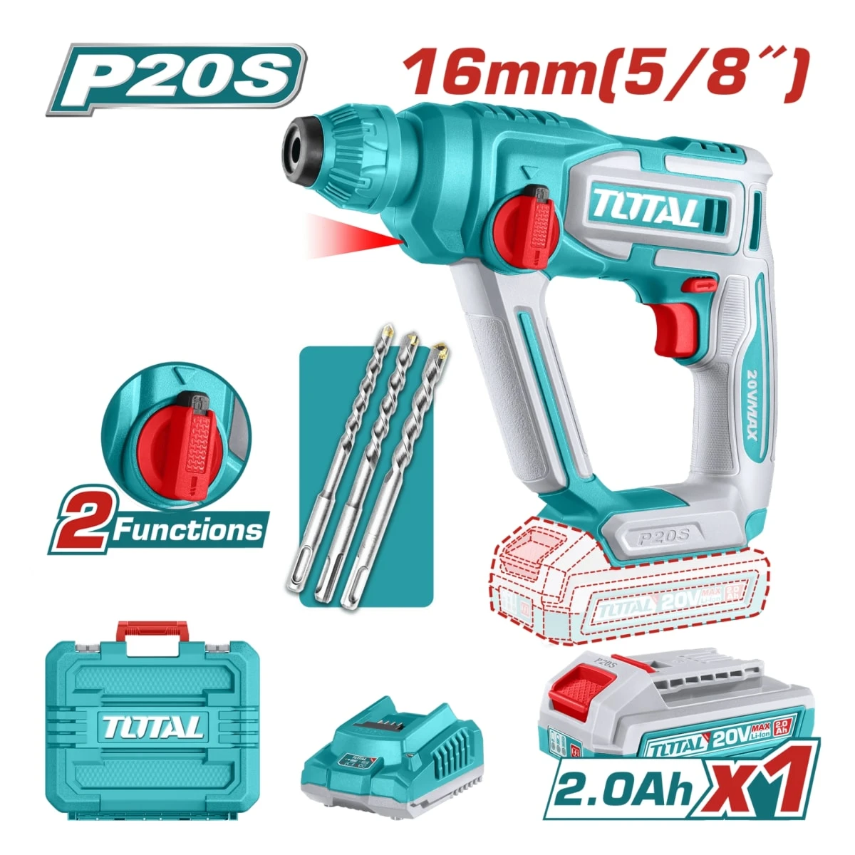 TRHLI201681-TAGLI21154 Rotormartillo sds 20v con bateria y cargador + amoladora angular 4 ½" inalámbrica total  2