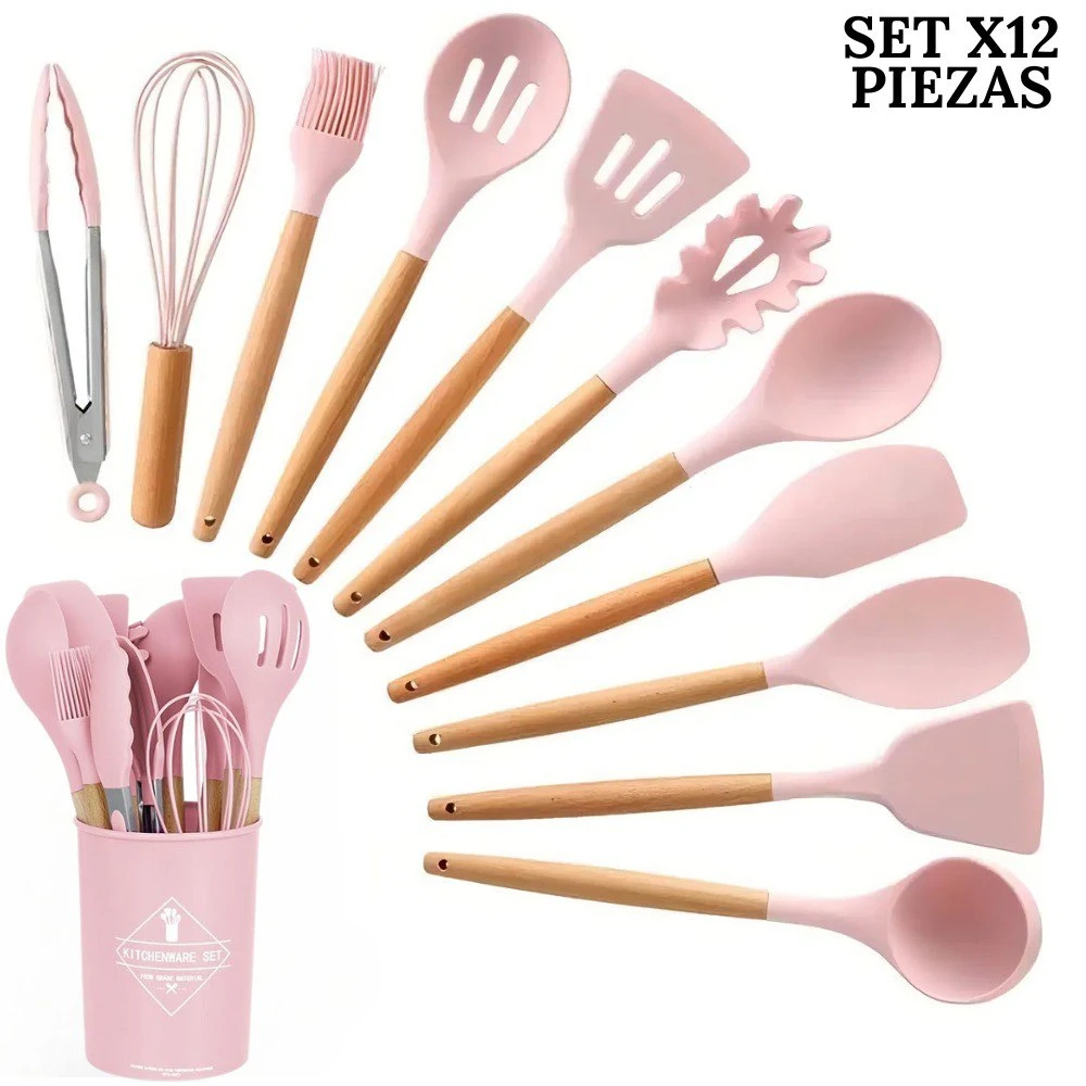 Set de utensilios para cocina X12 piezas en silicona rosado