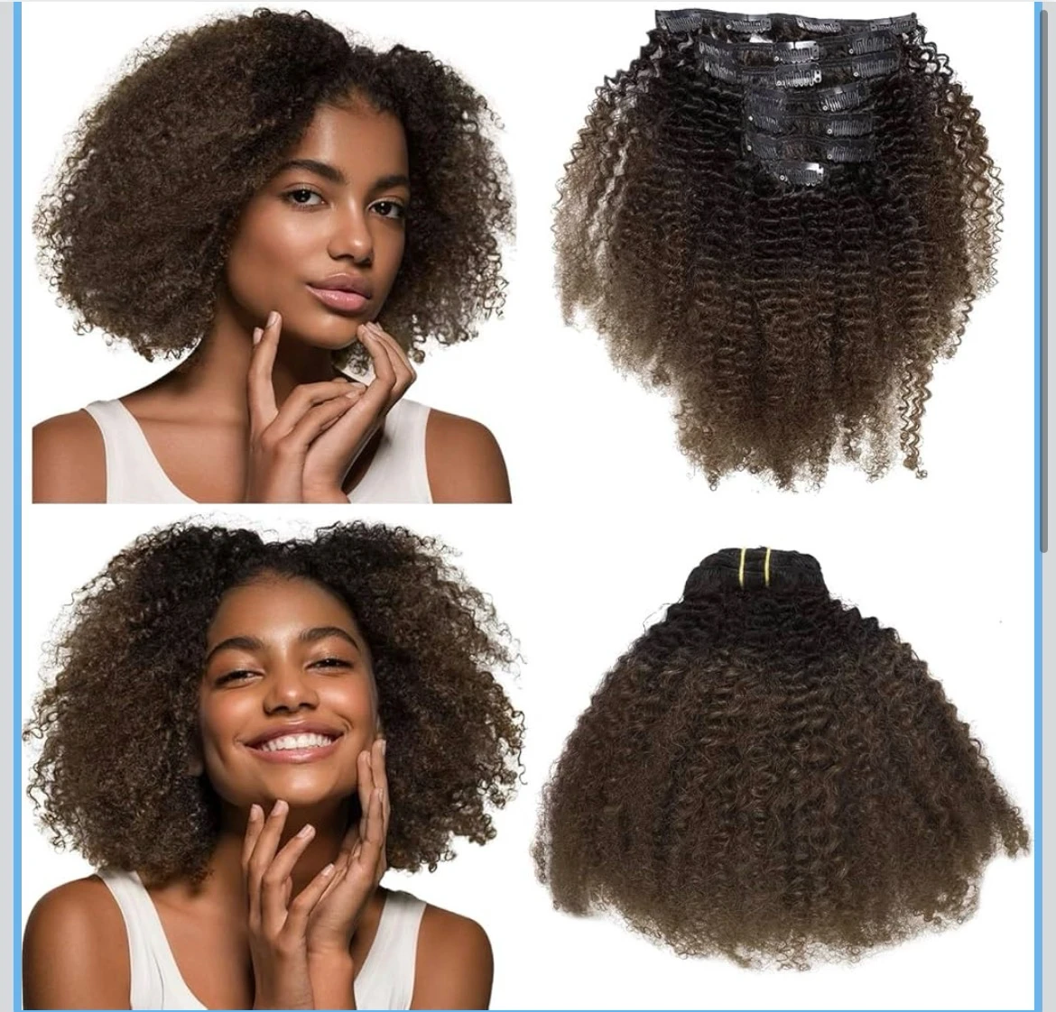 Extensiones de cabello humano rizado tipo afro con clip, 3C 4A, extensiones de cabello natural con pinzas dobles brasileñas 8A, 10 pulgadas, color marrón 1B/4, 4.23 onzas,