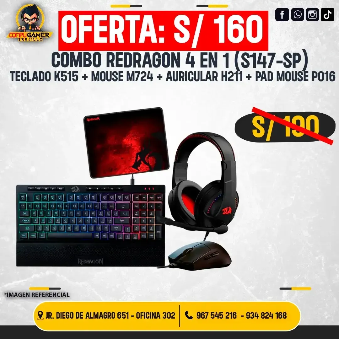 COMBO REDRAGON S147-SP 4 EN 1, TECLADO K515 + MOUSE M724 + AURICULAR H211 + PAD MOUSE P016
