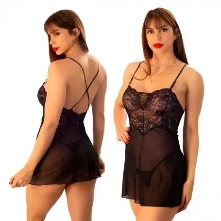 Babydoll Corset con Pasacinta en Tul Milan Negro Pasionel