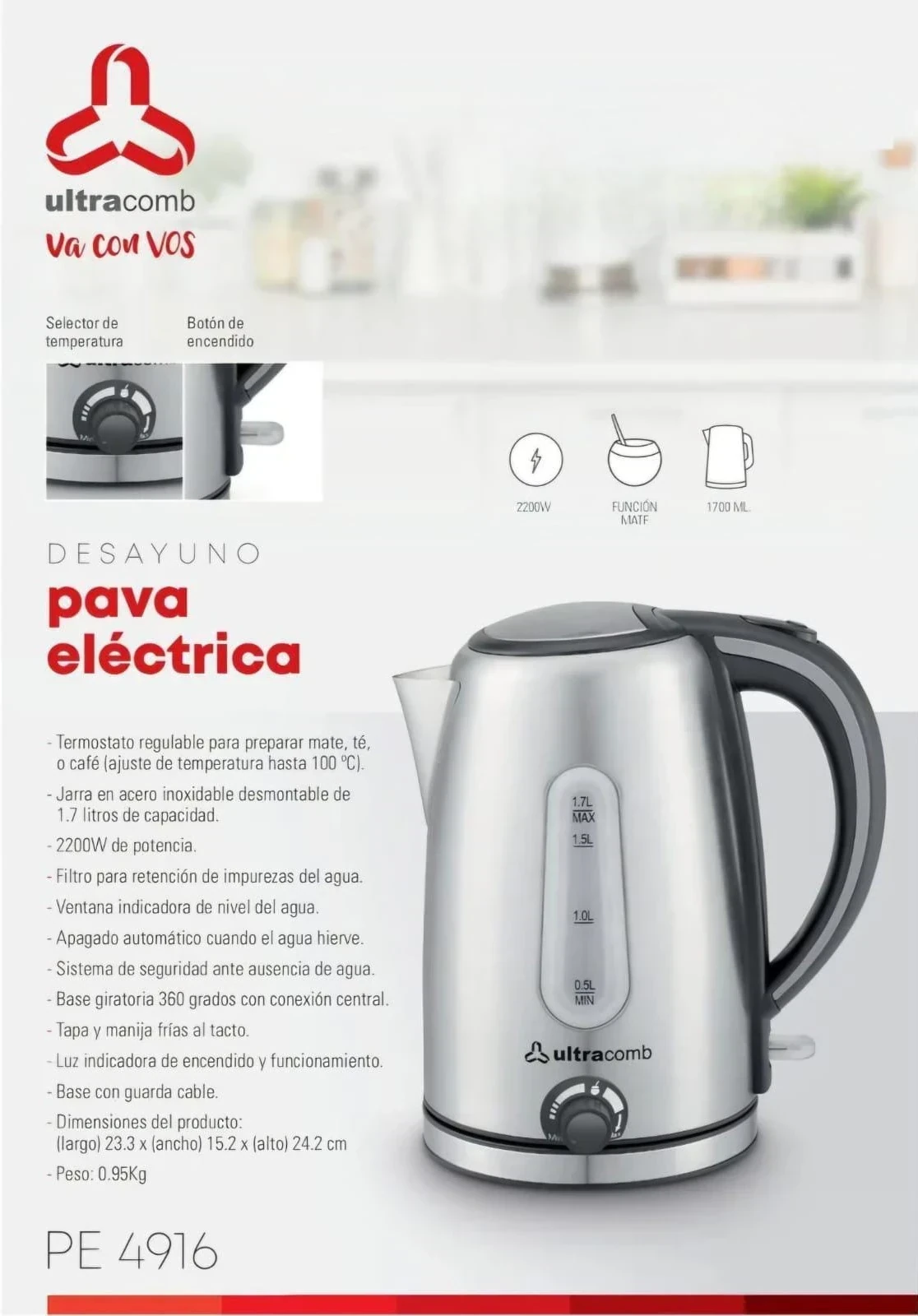 🧉 *Pava eléctrica ULTRACOMB PE-4916 1.7 LTS *
