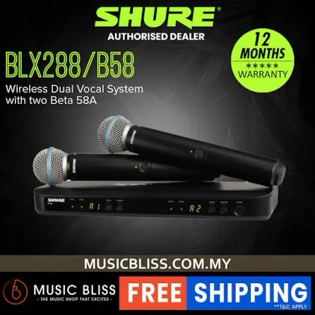 Shure BLX288/B58 PRECIO: 3300Bs Un sistema inalámbrico dual que incluye el receptor BLX88 y dos transmisores de mano BLX2 con cápsulas de micrófono Beta 58A integradas. Es conocido por combinar un sonido de calidad profesional con una configuración sencilla.  Características Principales Calidad de Audio Superior: Ofrece el legendario sonido Shure con claridad profesional y fiabilidad para voces en vivo, discursos o karaoke. Facilidad de Uso: Cuenta con la función "QuickScan" de un solo toque, que localiza rápidamente la mejor frecuencia abierta para evitar interferencias, lo que facilita la configuración. Alcance y Batería: Proporciona un rango de operación de hasta 100 metros (300 pies) y los transmisores funcionan hasta 14 horas continuas con dos pilas AA (incluidas). Construcción Robusta: Los micrófonos Beta 58A están diseñados con una rejilla de malla de acero endurecido y un sistema antigolpes neumático avanzado que minimiza el ruido de manejo y resiste el uso rudo. Patrón Polar Supercardioide: La cápsula Beta 58A tiene un patrón supercardioide uniforme que aísla la fuente de sonido principal y rechaza eficazmente el sonido fuera del eje, proporcionando una alta ganancia antes de la retroalimentación.  2