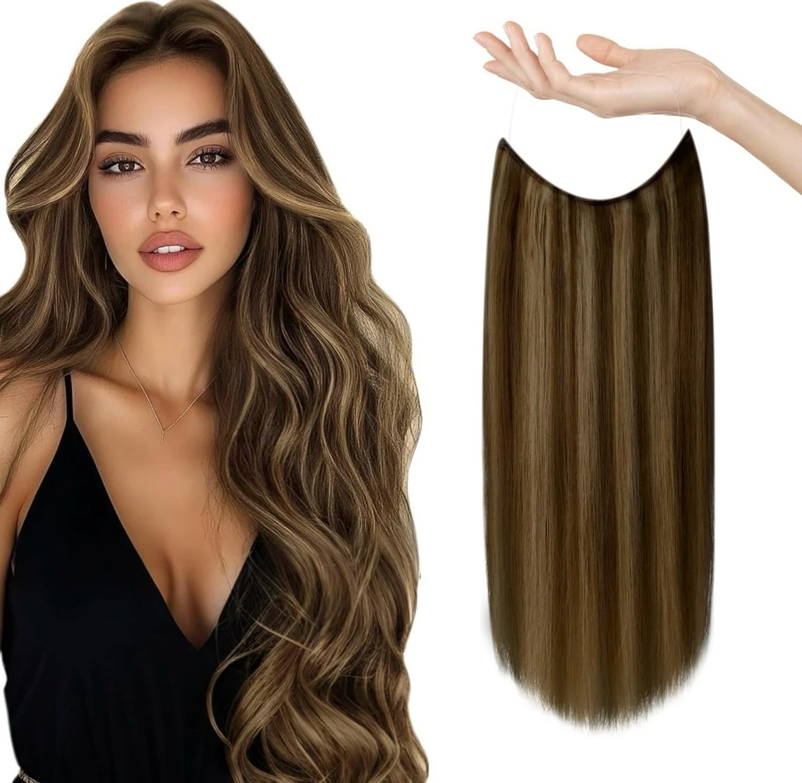 Extensiones de cabello humano real, con cable/hilo y clips ajustables, aplicación invisible, 2.82 onzas, 14 pulgadas, color castaño oscuro con reflejos rubio caramelo