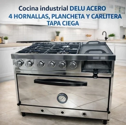 COCINA INDUSTRIAL DELU 4 HORNALLAS, PLANCHETA Y CARLITERA TAPA CIEGA