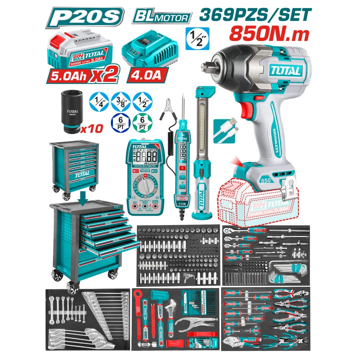THPTCS83692 Gabinete metalico 7 cajones + llave de impacto 850nm + 369 herramientas total 
